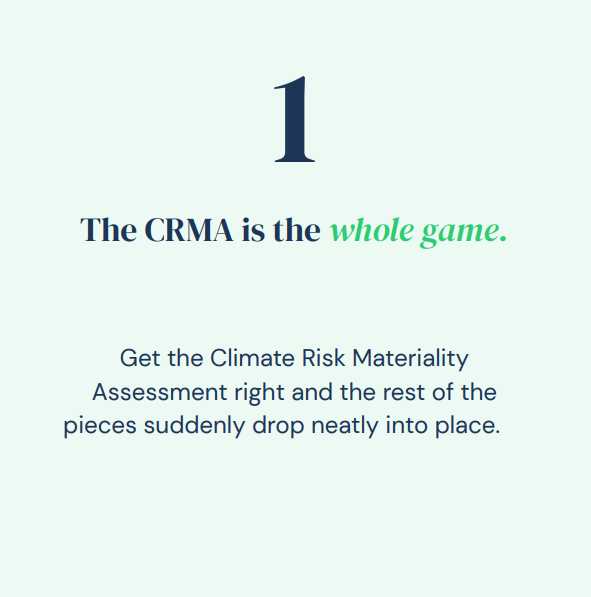 Lesson 1: The CRMA is the whole game. Get the Climate Risk Materiality Assessment right and the rest of the pieces suddenly drop neatly into place.