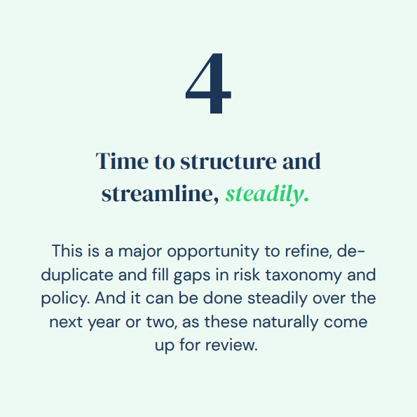 Lesson 4: Time to structure and streamline, steadily. A major opportunity to refine, de-duplicate and fill gaps in risk taxonomy and policy.
