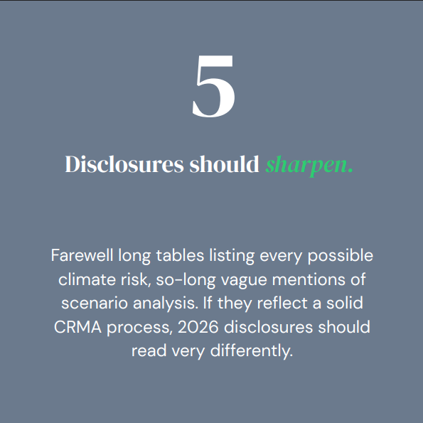 Lesson 5: Disclosures should sharpen. A genuine, structured CRMA process gives banks and insurers a real basis for linking climate risk to financial risk.
